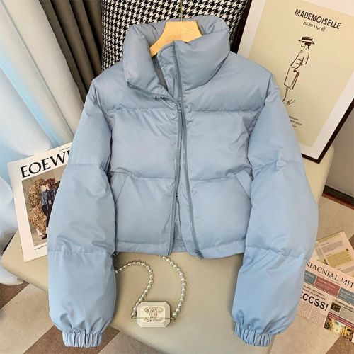 Blue simple short stand collar cotton jacket for women warm bread coat