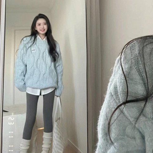 Korean drama gentle style soft milk blue twist sweater women's autumn and winter pullover loose outer wear lazy versatile thickened sweater