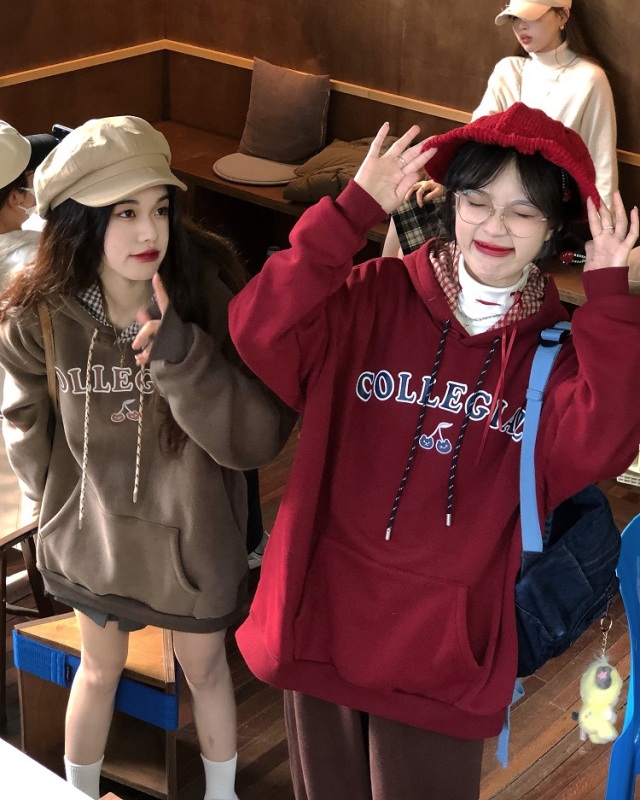 CVC cotton 300g compound milk silk/400g compound silver fox velvet plaid splicing hooded sweatshirt for women