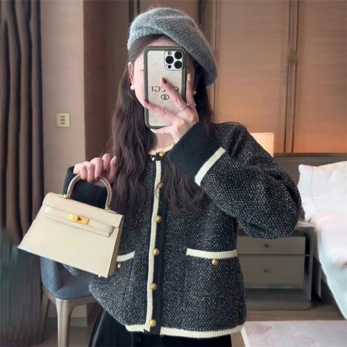 Xiaoxiangfeng contrast color sweater cardigan coat women's spring and autumn knitted sweater top