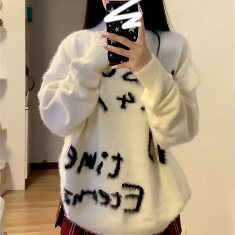 Milk fufu letter jacquard white mink velvet sweater for women in autumn and winter thickened high-end lazy style soft waxy sweater