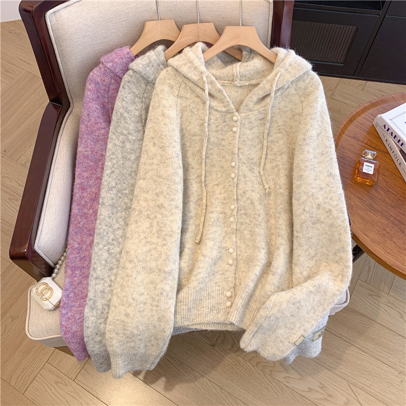 2024 Autumn and Winter New Fat MM Hooded Floral Wool Knitted Cardigan Casual Simple Soft Waxy Sweater Jacket Long Sleeve Women