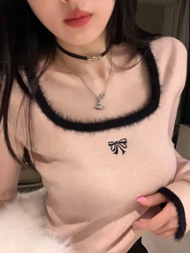 Square collar white bottoming shirt for women spring and autumn high-end soft and waxy inner top