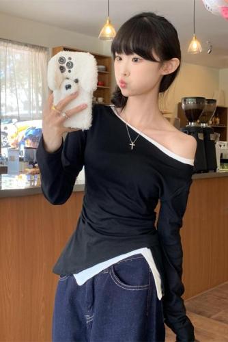 Real shot of slanted shoulder splicing long-sleeved T-shirt for women, autumn temperament, versatile casual waist slimming trendy top