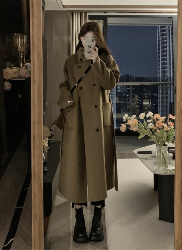 Korean double-breasted woolen coat for women autumn and winter 2024 new style foreign style loose mid-length woolen coat