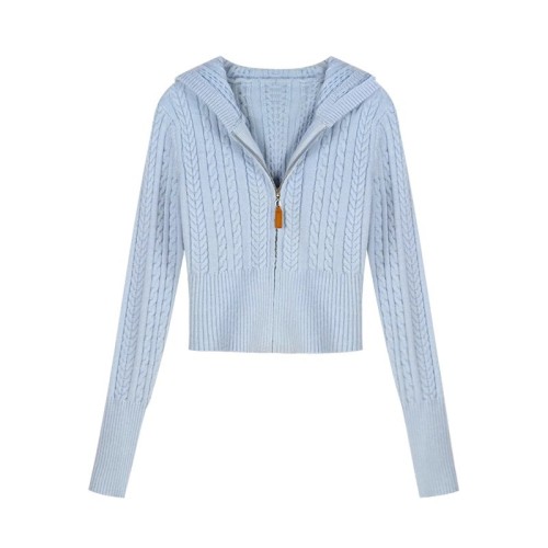 Korean-style braided soft and chewy hooded sweater jacket for women, autumn super beautiful zipper knit cardigan slim-fit short-sleeve top