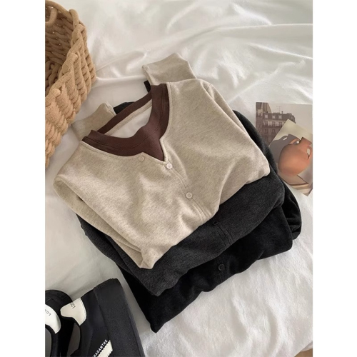 Large size single-breasted fake two-piece long-sleeved T-shirt women's autumn and winter 2024 new fat sister tops