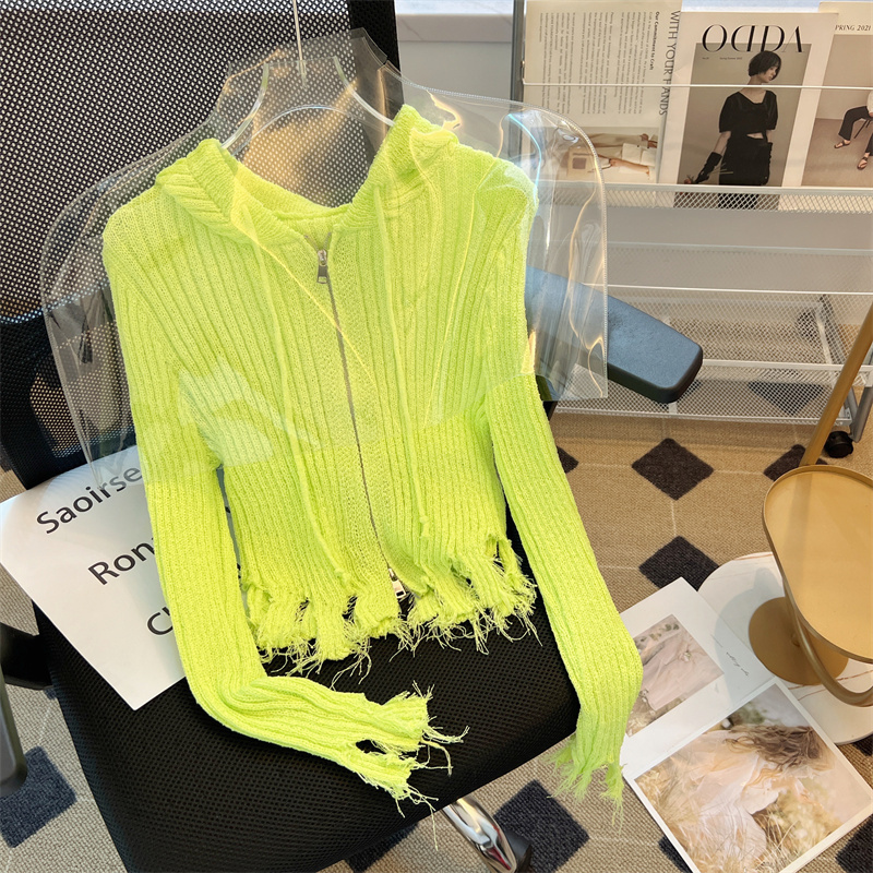 Autumn sweet and spicy hooded sweater ripped tassel short slim fit top design western style sweater for women