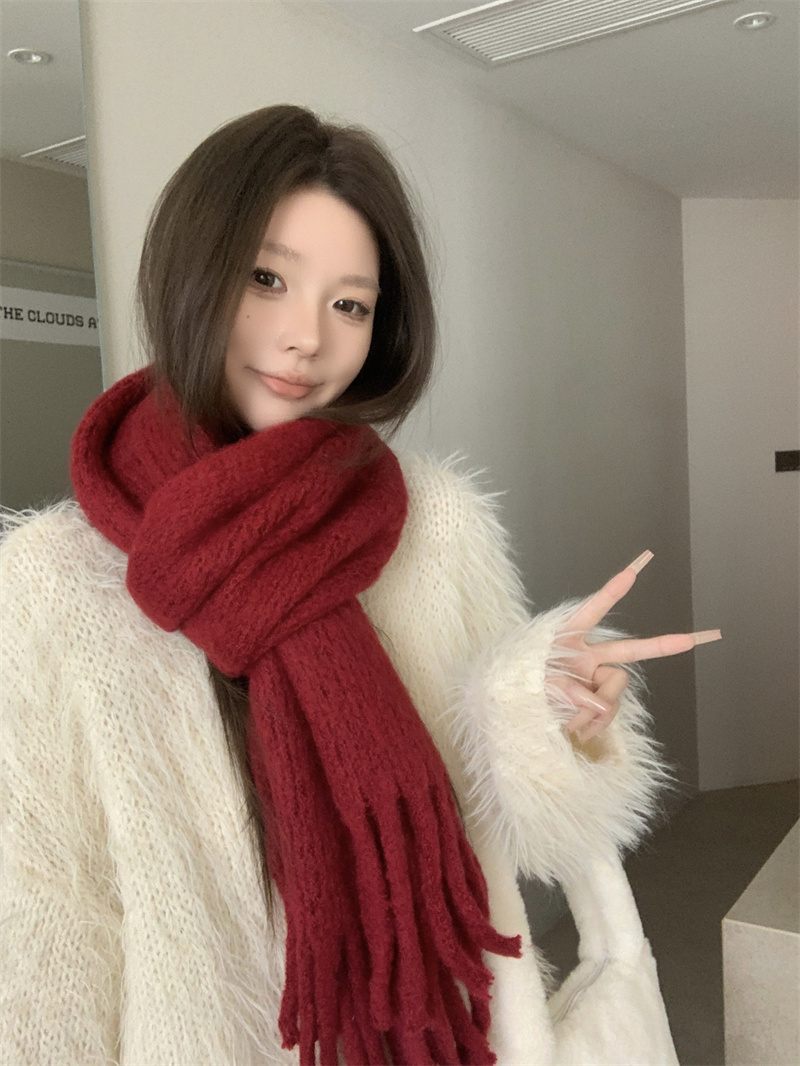實拍價新年聖誕紅色圍巾冬季情侶加厚仿羊絨純色針織流蘇圍脖