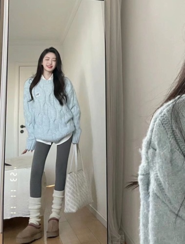 Korean drama gentle style soft milk blue twist sweater women's autumn and winter pullover loose outer wear lazy versatile thickened sweater
