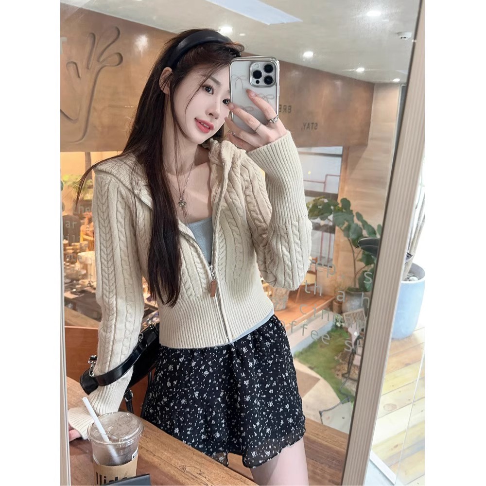 韓系麻花軟糯連帽毛衣外套女秋季超好看拉鏈針織開衫修身短款上衣