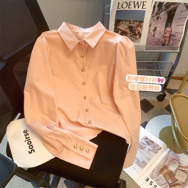 Pink sweet gold button puff sleeve shirt for women autumn new French gentle style polo collar shirt