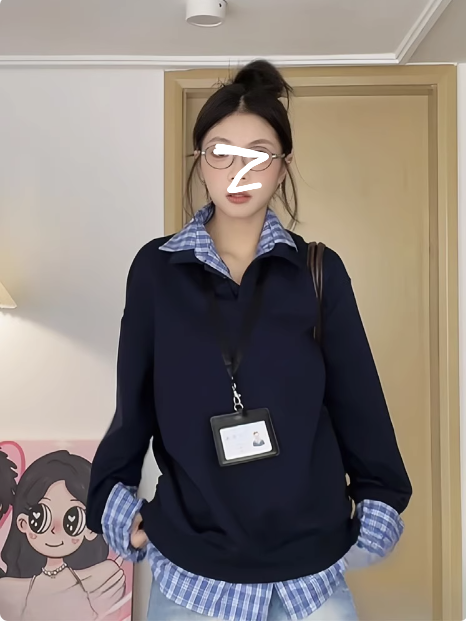 大碼胖mm美式復古格子拼接休閒衛衣設計感寬鬆顯瘦百搭上衣女秋季