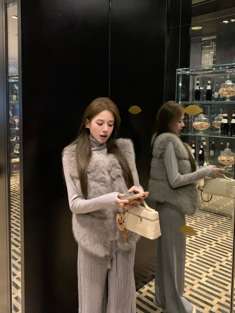 Actual shot of eco-friendly fur vest jacket, high collar, casual pants suit