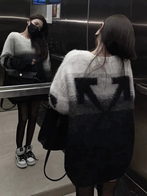 Lazy style loose gradient sweater for women soft waxy mohair outer pullover mid-length knitted long-sleeved top