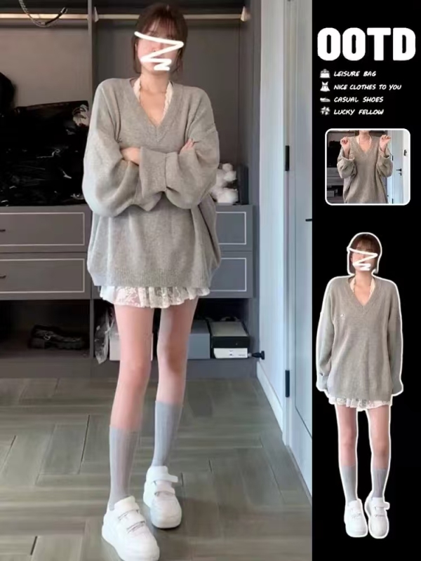 Lazy style gray pullover v-neck sweater for women 2024 autumn and winter new style high-end small loose knitted top