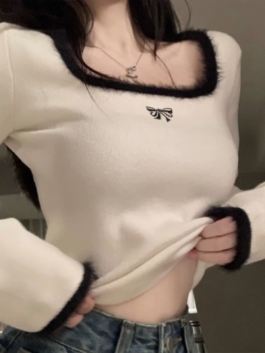 Square collar white bottoming shirt for women spring and autumn high-end soft and waxy inner top