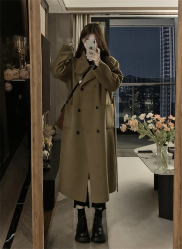 Korean double-breasted woolen coat for women autumn and winter 2024 new style foreign style loose mid-length woolen coat