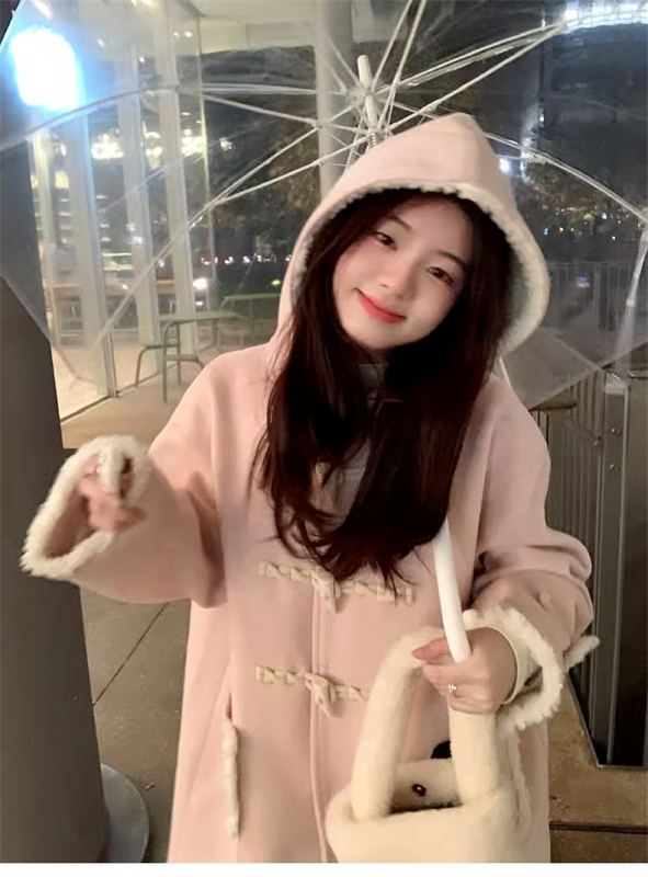Pink Horn Button Woolen Coat Women's Autumn and Winter New Mid-Length Lazy Style Hooded Thickened Coat