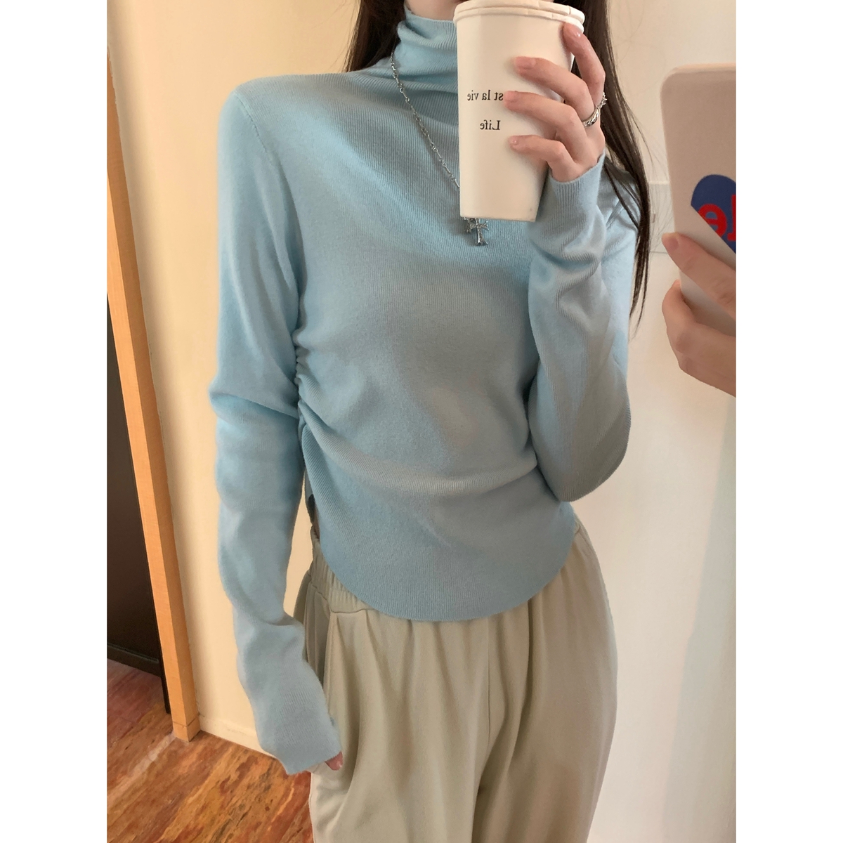Actual shot of autumn and winter Korean style temperament pile collar pleated versatile Andy velvet sweater bottoming long-sleeved sweater