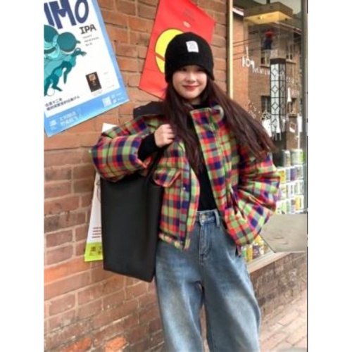 Retro plaid short cotton coat for women, new Korean style thickened cotton coat, bread coat