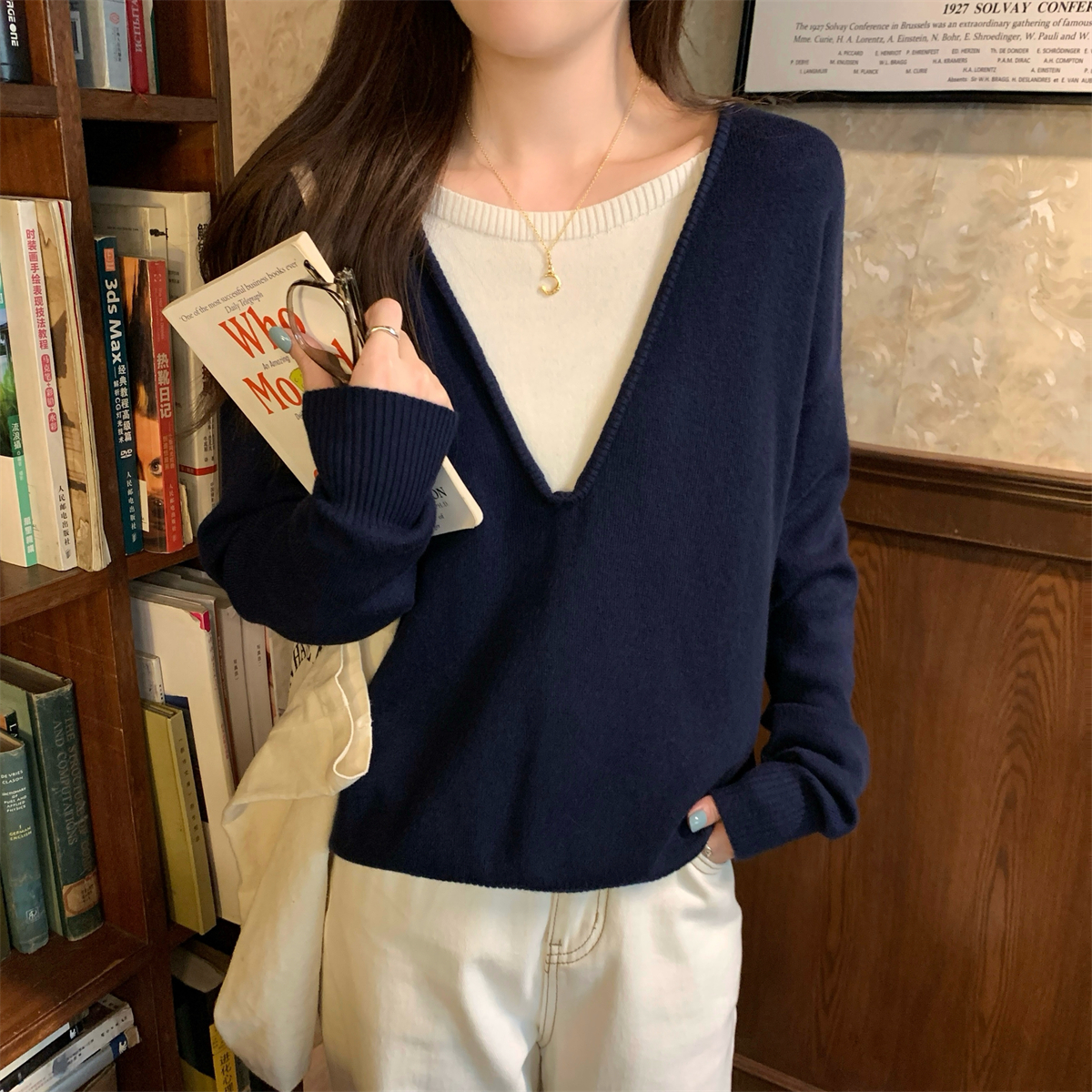 Real shot of autumn and winter Korean style loose contrasting color fake two-piece versatile 6 wool sweater long-sleeved inner sweater for women