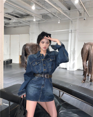 Real shot!  Fashionable hot girl waist slimming retro denim dress women's long-sleeved temperament hip-hugging short skirt trendy
