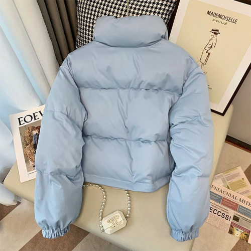 Blue simple short stand collar cotton jacket for women warm bread coat