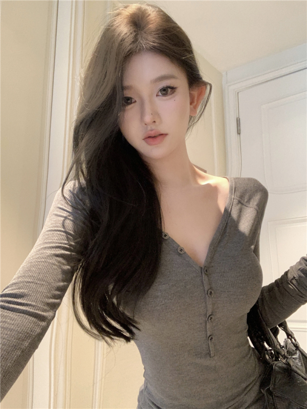 Simplicity is coming American retro V-neck long-sleeved tops casual slim bottoming shirts for women in autumn