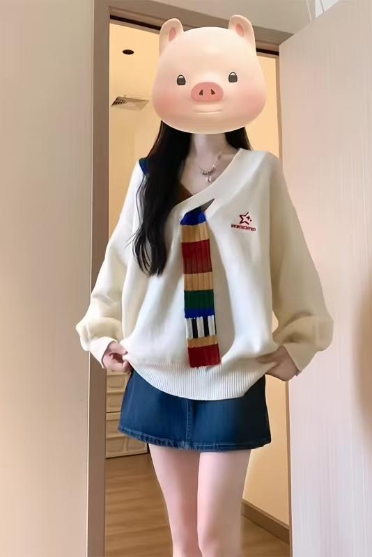 American retro rainbow wool splicing v-neck sweater jacket autumn and winter loose college style high-end women's sweater