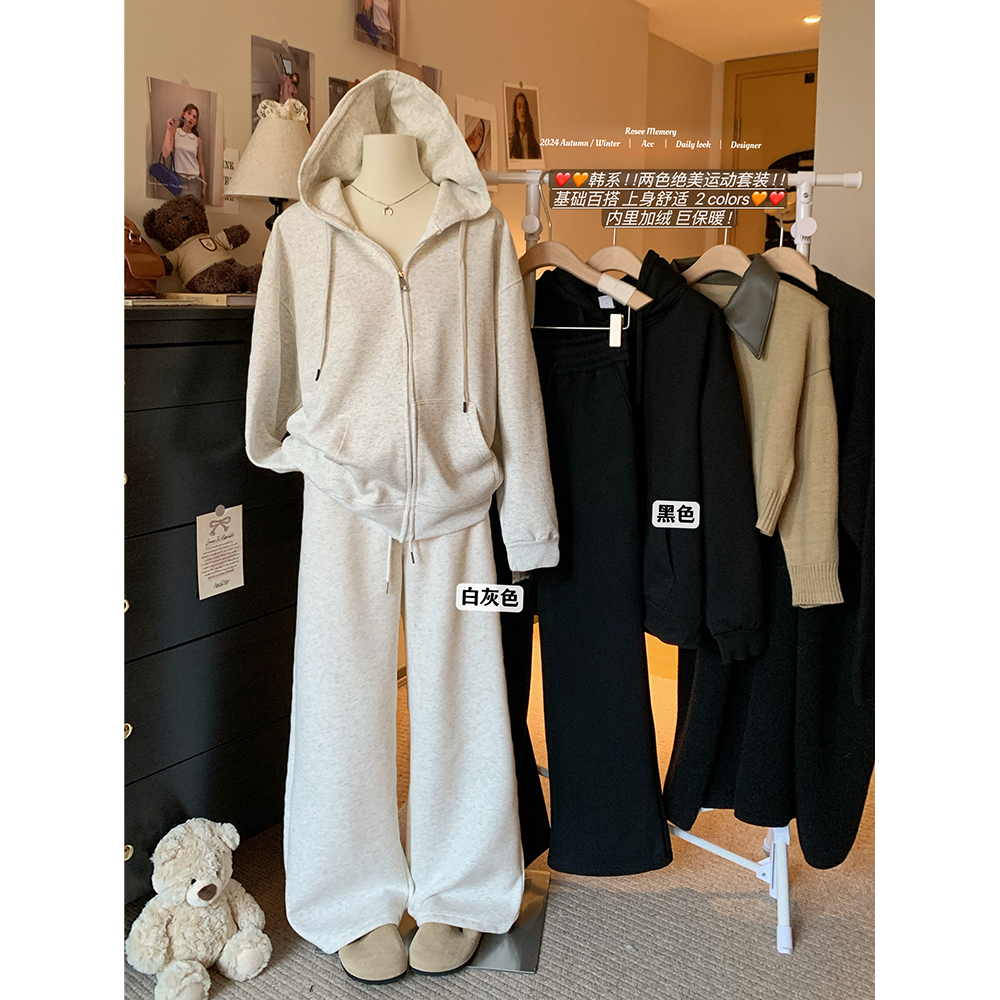 Real shot!  2024 winter velvet casual hooded sweatshirt + wide-leg velvet casual pants fashion slimming suit