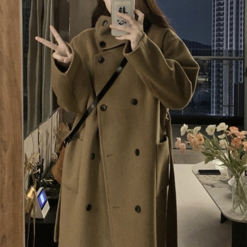 Korean double-breasted woolen coat for women autumn and winter 2024 new style foreign style loose mid-length woolen coat