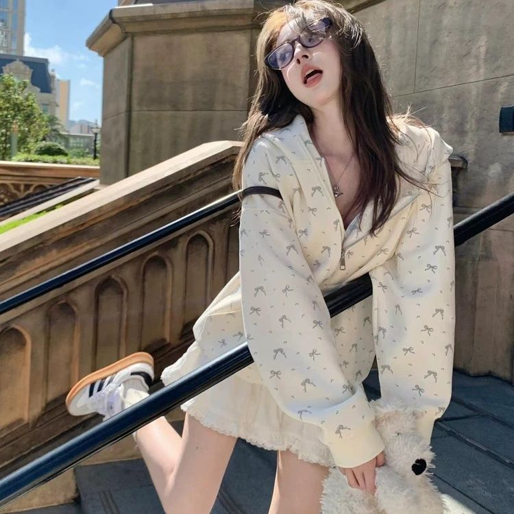 Cardigan jacket Korean floral bow hooded zipper sweatshirt for women spring and autumn loose college style oversize