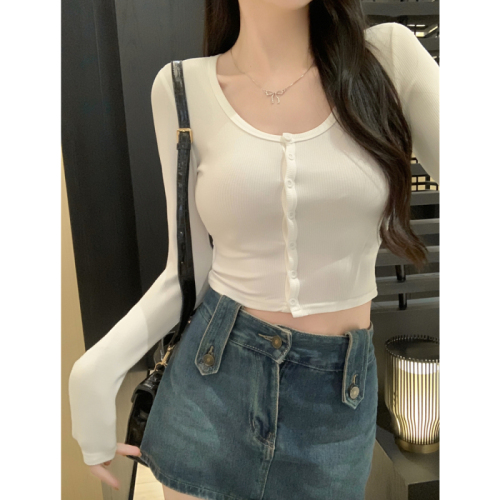 Real shot European and American ins style single-breasted slim long-sleeved T-shirt for hot girls