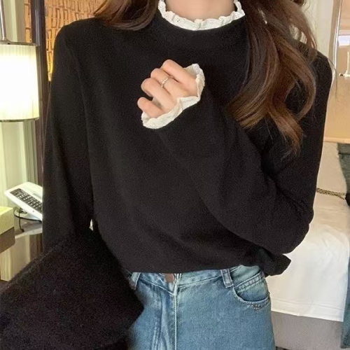 New style bottoming shirt with half turtleneck lace inner and ear-trimmed long-sleeved T-shirt top