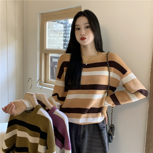 Actual price Stitched contrasting color round neck pullover striped loose sweater women's long-sleeved sweater top