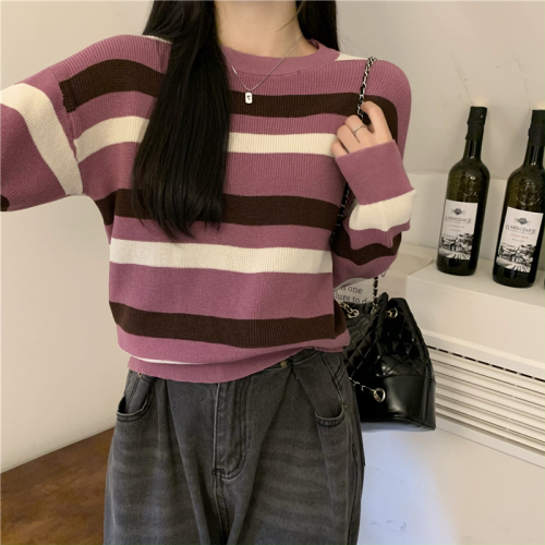 Actual price Stitched contrasting color round neck pullover striped loose sweater women's long-sleeved sweater top