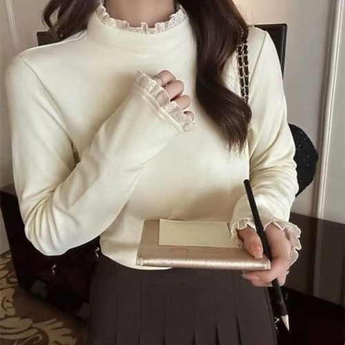 New style bottoming shirt with half turtleneck lace inner and ear-trimmed long-sleeved T-shirt top