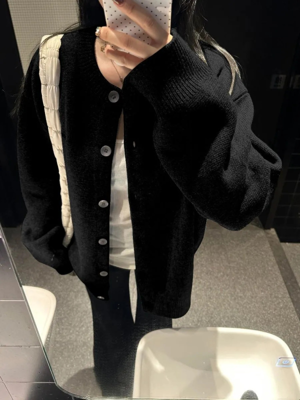 American sweet and cool style black knitted long-sleeved sweater cardigan for female students winter new loose sweet top jacket