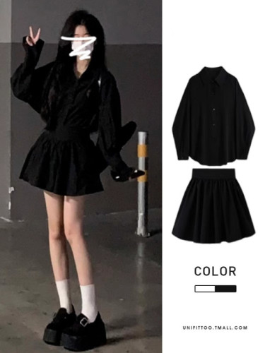 Korean style black shirt dress two-piece suit for early autumn new style complete set