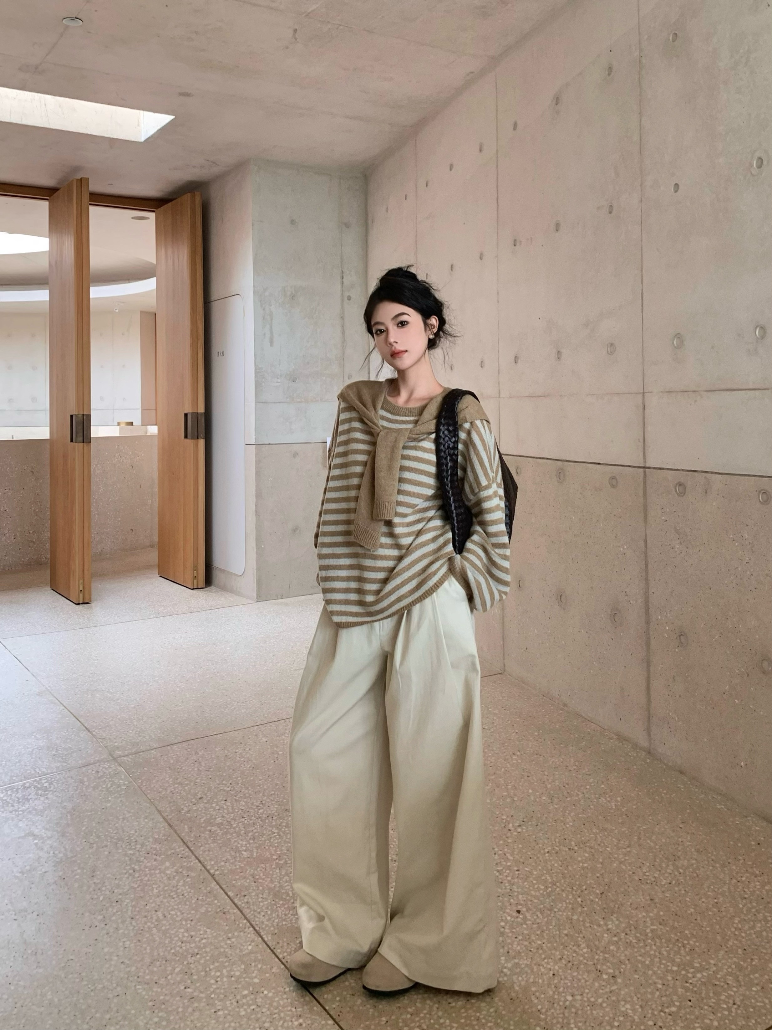 Vintage Retro Youthful College Style Fashion Striped Knit Sweater Shawl Set with High-Waisted Casual Pants