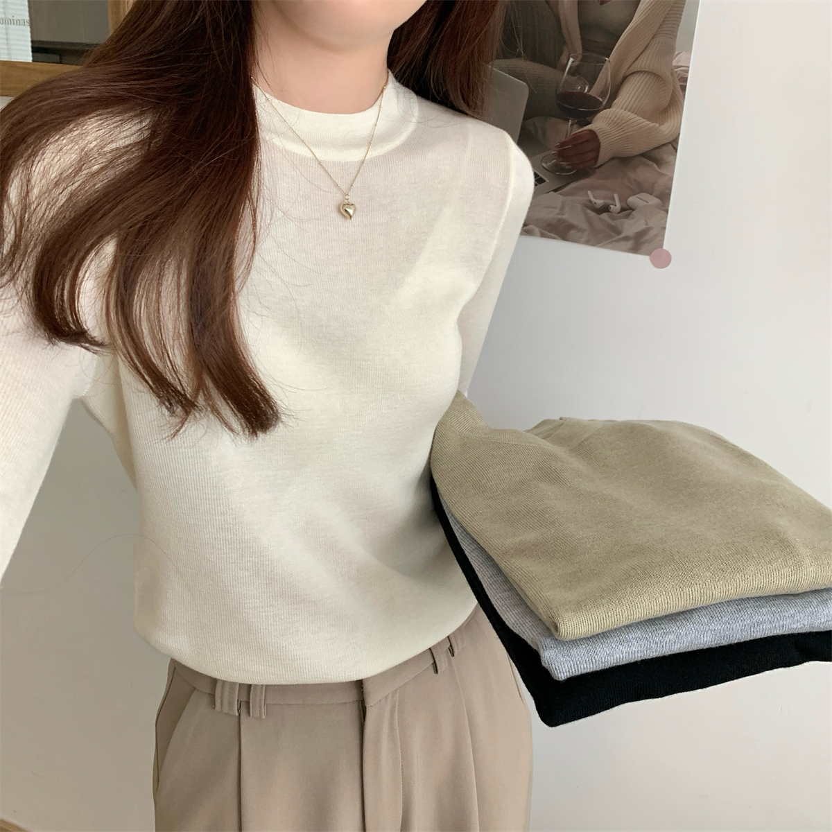 Actual shot of autumn and winter Korean style round neck simple and versatile 6 wool sweater long-sleeved inner sweater top