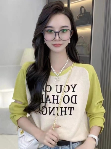 Summer new style letter print color block ice silk sweater women's long-sleeved versatile thin air-conditioning blouse top