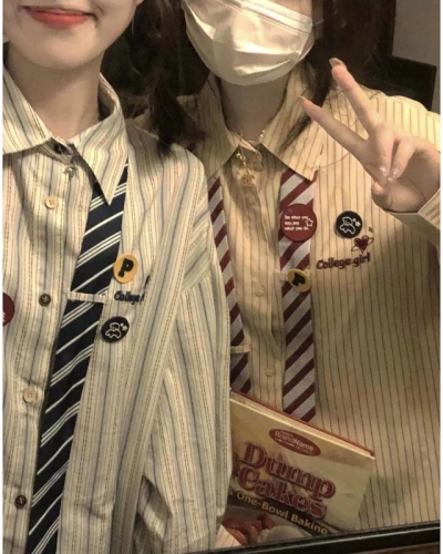 Tie brooch vintage striped shirt women's loose tie shirt top