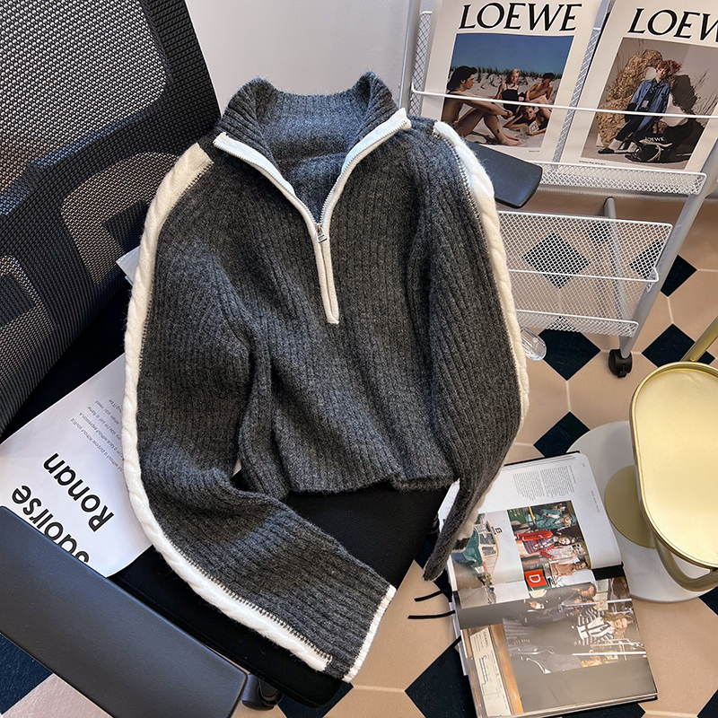Lazy style color-blocked zipper pullover sweater for women new niche design half turtleneck sweater winter