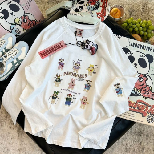 2024 Spring and Autumn Heavy Industry Embroidery Star Paw Dog Long Sleeve Inst Shirt Women's Bottoming Shirt Loose Top