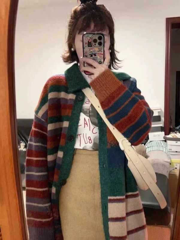 Japanese retro patchwork lapel sweater cardigan women's coat spring Korean style long knitted top