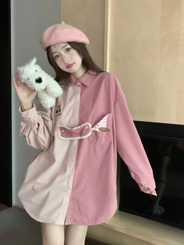 Vintage puppy embroidered plaid stitching contrasting corduroy autumn and winter new shirt comes with tie