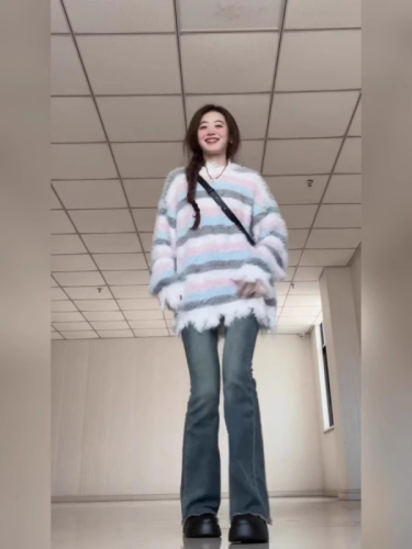 Imitation mink velvet Douyin quality national trend retro lazy hot girl style gradient striped sweater for women