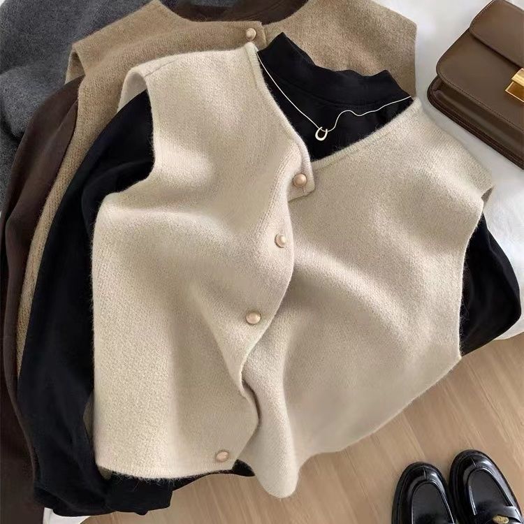 Gentle style single row small gold buttons round neck knitted vest cardigan for women Korean style sleeveless vest top outer wear